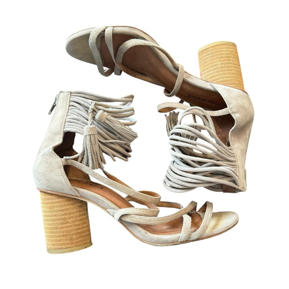 Jeffrey Campbell Women’s Despina tan heeled caged strappy sandal, tassels, 7 - Picture 3 of 8
